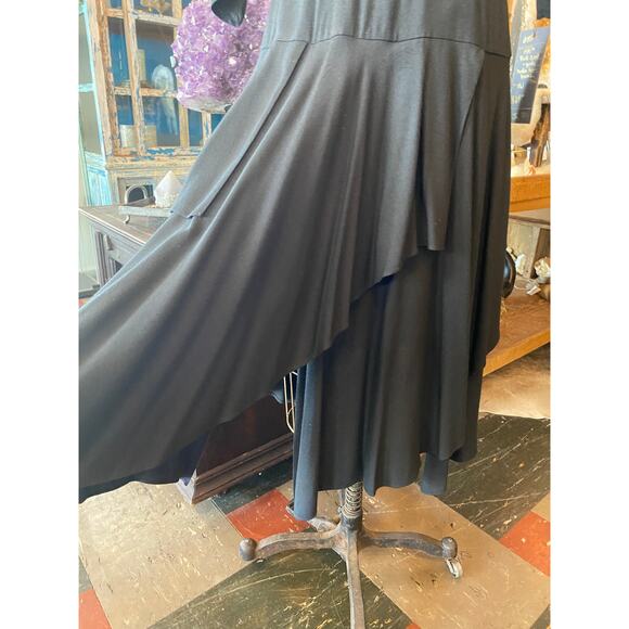 vtg 1980s black rayon dress with batwing sleeves and asymmetrical, 80s does 40s - Picture 3 of 9